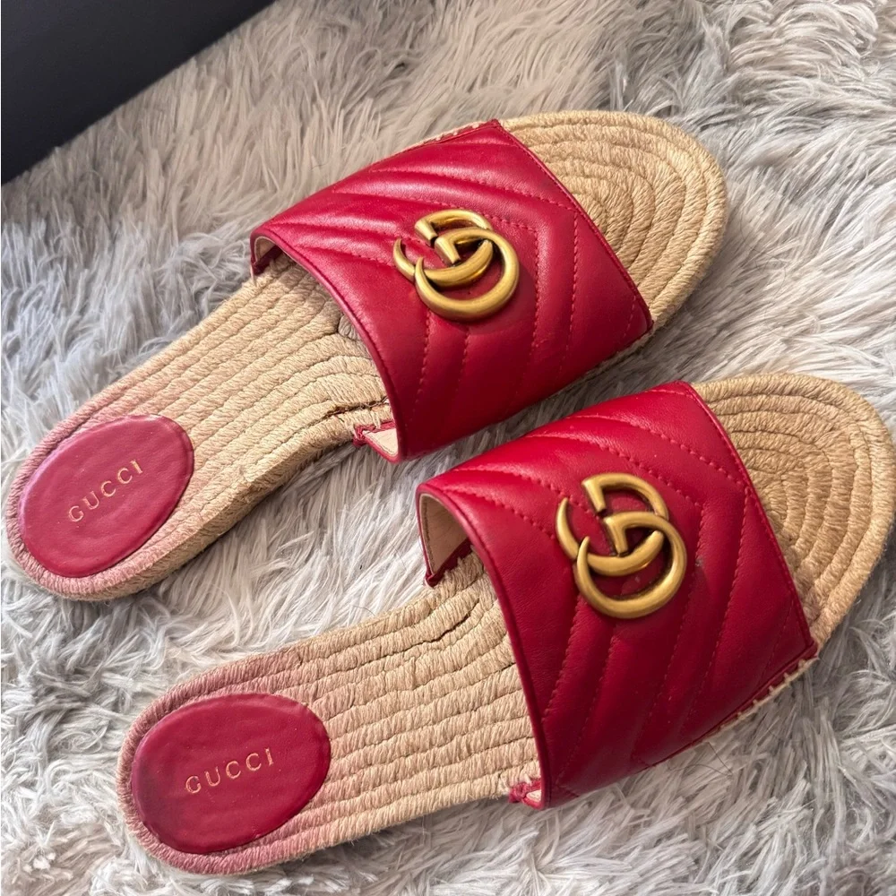 Gucci Red Leather GG Marmont Raffia Slides – Size 40.5 (FITS LIKE US 9) - Picture 9 of 11